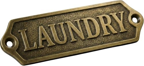 Brass Plaque Solid Brass Room Nameplate, Rustic Engraved Cabin Plaque with Pre-Drilled Holes for Easy Mounting, Durable Bathroom & Room Label (6 INCH, Laundry)