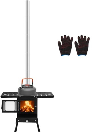 Poêle de camping pliable en acier – Poêle à bois pliable pour jardin, pêche et extérieur, avec bac à cendres et pieds réglables, portable et efficace