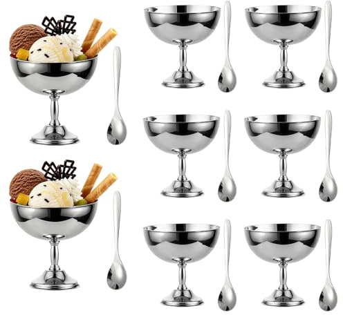 8 Bols à Glace Inox 270ml Pied avec Cuillère, Récipients Dessert Vintage Réutilisables pour Glaces, Yaourts Givrés, Gelato, Anniversaires, Coupes à Sundae Élégantes pour Fêtes, Mariages, Restaurants