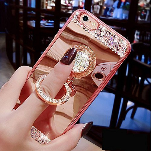 EMAXELERS iPhone 8 Case Glitter Bling Diamonds Rhinestone Ring Stand Holder Soft Flexible TPU Silicone Mirror Makeup Soft Bumper Silicone TPU Case Cover For iPhone 7,Rose Gold Diamond Mirror TPU