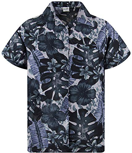King Kameha Funky Hawaii-Hemd, Herren, Kurzarm, Green-Leaves-Purple-Flower, Mono-Schwarz, M