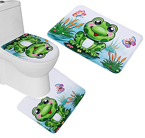 RedBeans 3 Stück Süßes Frosch Flanell Badteppich Set (Badezimmer Vorleger + WC Contour Teppich + WC-Deckelbezug)