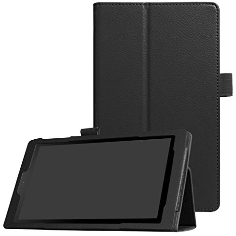 Amazon Fire HD 8 (2017 and 2016 Release) Funda, SATURCASE Cuero De La PU Plegable Folio Apoyo Tableta Funda Carcasa Case para Amazon Fire HD 8 (2017 and 2016 Release, 7th and 6th Generation) (Negro)