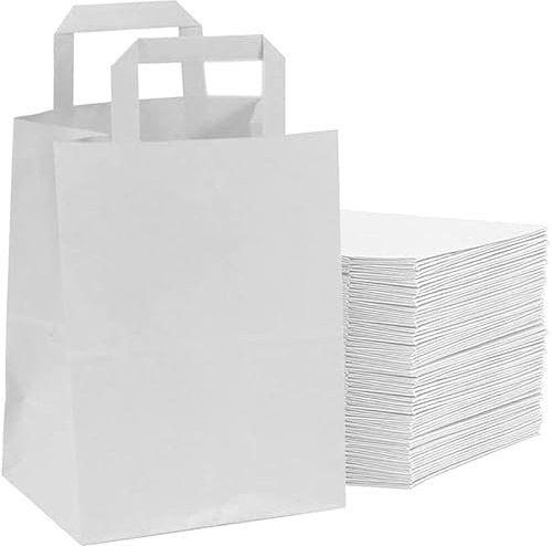 Venuscello® 250 x Paper Bags With Handles SOS Food Carrier White Kraft Bag with Flat Handle for Food Sweet Gifts Shopping Cloths Jewellery - 8.5 x 10 x 4.3