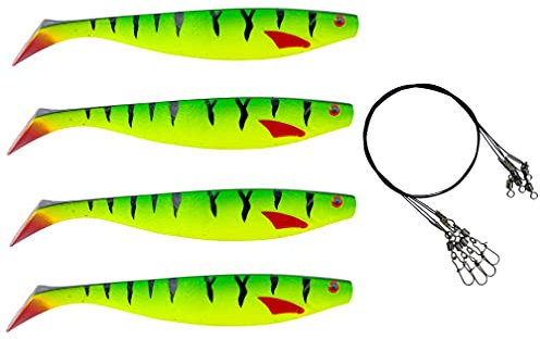 PetrisCatch 4er Firetiger gelb Gummifisch Set + 4 Stahlvorfächer, 15cm, UV aktiv