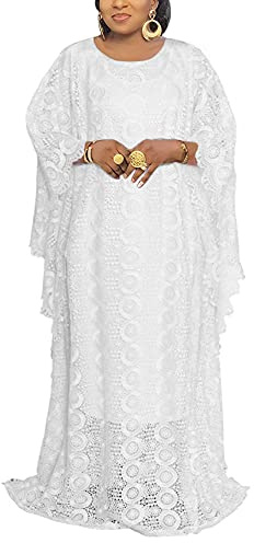HD Women's Floor-Length Lace Kaftan Dress African Bubu Dress Boat Neck Caftan Gown Plus Size, White-lace, One Size