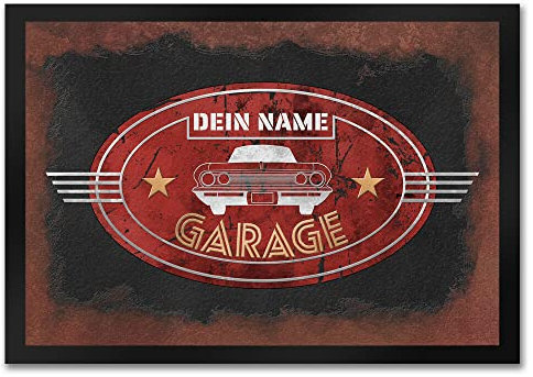 Garage Fußmatte - personalisiert mit deinem Namen - mit Retro Oldtimer Motiv im Used-Look um deine Garage oder Schrauber Werkstatt zu dekorieren für Kfz Liebhaber die schöne Dekoschilder mögen