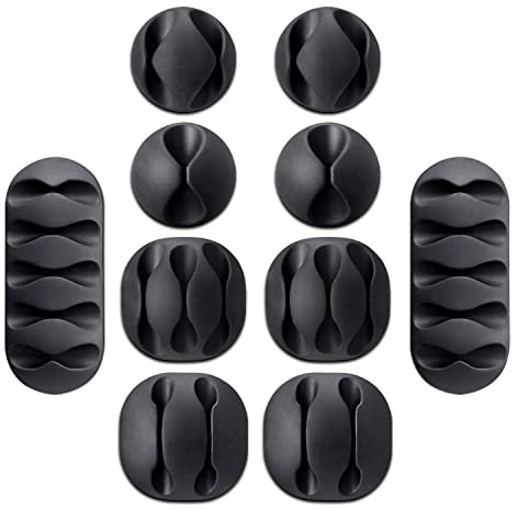 Rohans Desktop Cable Holder Clips, 10-Pack Cable Management Cord Organiser Clips Silicone Adhesive for USB Charging Cable Mouse Wire PC Office Home (Black)