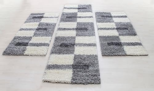 Carpettex Bettumrandung Schlafzimmer 3teilig Shaggy Teppich Hochflor Kariert Design Hellgrau Bettset:2 mal 80x250 + 1 mal 100x200 - Bettvorleger Schlafzimmer Läufer Set Flauschig Bettumrandung Teppich