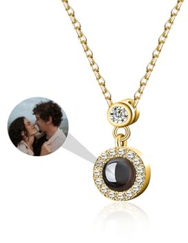 Personalisierte Kette mit Bild im Stein Benutzerdefinierte Foto Projektion Halskette Ich Liebe Dich Halskette 100 Sprachen Diamantkreis Anhänger Schmuck Geschenke für Frauen Ehefrau Mutter Freundin