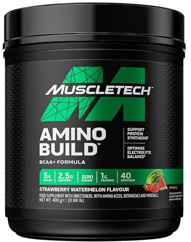 MuscleTech Aminobuild BCAA Pulver, Verzweigtkettige Aminosäuren (BCAA) Mit Elektrolytpulver, Zucker Frei, 5g BCAA, 40 Portionen, Erdbeerwassermelone