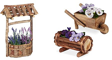 Relaxdays, Natur Holzbrunnen Garten, dekorativer Zierbrunnen aus Holz, 43 x 25 x 18 cm, Brunnen Dach & Pflanzengefäß Holz, 2 Stück, Pflanzschubkarre & halbes Blumenfass, Gartendeko, rustikal, Natur