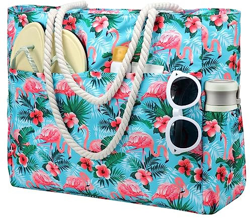 RAVUO Sac De Plage Femme,Oversize Sac Cabas Avec Fermeture Éclair Résistant À L'eau Sac Fourre Tout Léger Famille Sac De Piscine Pour La Plage,Piscine,Voyage Flamants Roses