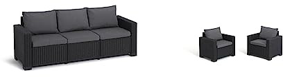 Keter Allibert by Gartenlounge Sofa California 3-Sitzer, Graphit/cool Grey, 199 x 68 x 72 cm & Allibert by Gartenlounge Sessel California, Graphit/cool Grey, 2er Set, 83 x 68 x 72 cm