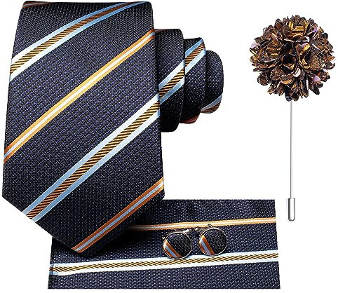 Hi-Tie Seidenkrawatte und Einstecktuch Manschettenknöpfe, Reversnadel-Set, Jacquard, Hochzeit, Business, Krawatte für formelle Anlässe, Schwarz, Marineblau, Orange, M