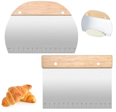 Fyfjur Coupe Pate Boulanger, 2 Pièces Grattoir de Cuisson en Acier Inoxydable Semi-Circulaire et Rectangulaire avec Echelle et Poignée en Bois pour Couper la Pâte, la Pizza, le Nougat
