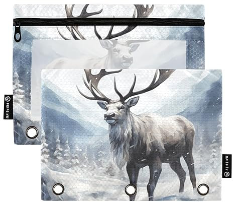 Rentier Weiß 3 Ring Binder Bleistift Tasche Set von 2 Kunststoff Ordner Pencilcase Kunststoff Bleistift Tasche Schreibwaren Zubehör Bürobedarf, Rentier Weiß, one sizex2