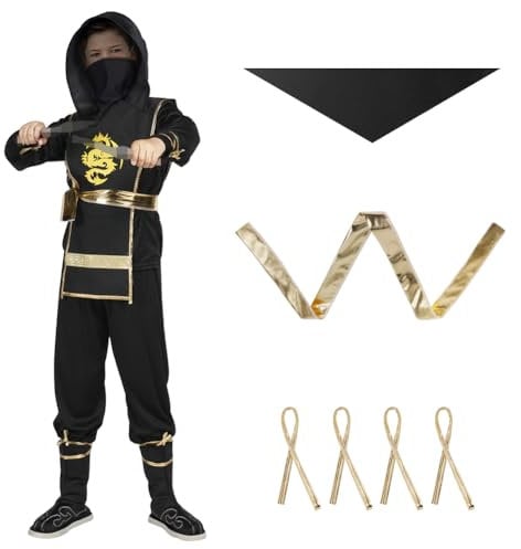AOOWU Ninjago Kostüm, Ninja Kostüm Kinder mit Doppelschwert, Goldenes Drache Ninjago Set Jungen für Themenpartys Halloween Kostüm Verkleiden Ninja Rollenspiel(M)