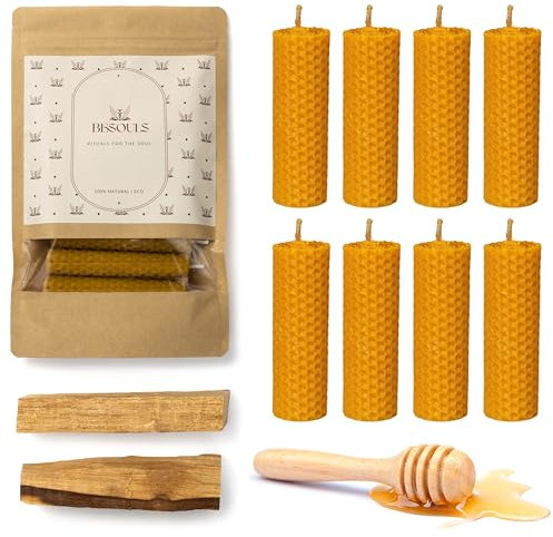 BESOULS Coffret Bougie Cire d'Abeille Naturelle 8 + 2 Palo Santo EN CADEAU Bougies Parfumée Naturelles sans Paraffine Rituel 11/22 avec QR Guide Digital Bougie Décorative bougies parfumée au miel