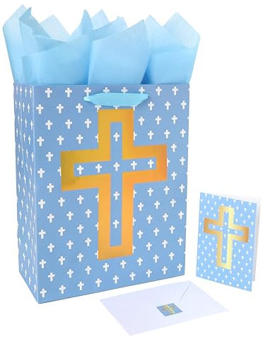 33 cm großes blaues Geschenktüten-Set mit Grußkarte und Seidenpapier (Folienkreuz-Design), Seidenpapier für Erstkommunion, Halloween, Weihnachten, Taufe, Taufe, religiös