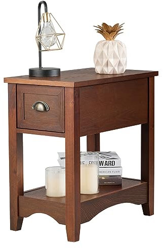 COSTWAY Tavolino da Salotto in Legno Massello, Comodino con 1 Cassetto e 1 Ripiano, Tavolino Basso da Soggiorno e Camera da Letto (56 x 33 x 58,5 cm, Legno di ciliegio, 1)