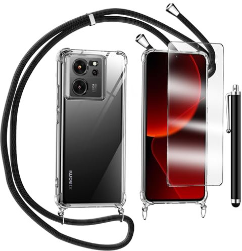 TTSWJBD Handykette für Xiaomi 13T/Xiaomi 13T Pro Hülle mit Displayschutzfolie Schutzfolie, Necklace Handyhülle mit Abnehmbar Kordel zum Umhängen Transparent Silikon Schutzhülle mit Band in Schwarz