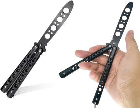 Lhbwhiz Butterfly Messer zum Üben, Butterfly Trainer mit Ungeschärfte Klinge Übungs Knife, nicht scharfe Klinge für Anfängern(Schwarz)
