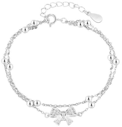 Kawailay Layered Armkettchen Kristall Schleife Doppelkette Armband Armreif Freundschaftsarmband für Damen Mädchen – Silber