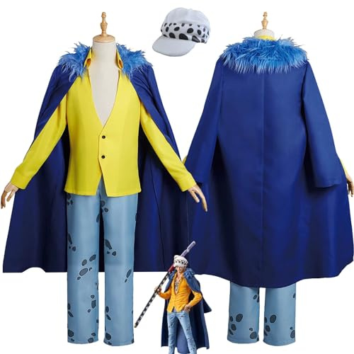 bbganlian Anime One Piece Trafalgar D Water Law Cosplay Kostüm Outfit Rollenspiel Blau Uniform Komplettes Set Halloween Karneval Party Dress Up Anzug mit Hut für Männer Jungen (S)