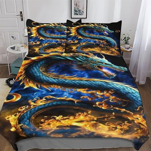 PAZZK Drachen Bettwäsche Premium Atmungsaktive Angenehme Bettbezüge, Mit Reißverschluss Bettdeckenbezug, 2teilig Bettbezug + Kissenbezug Single (135x200cm)