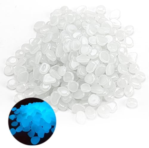300 Pierres Lumineuses Galets Brillants Décoratifs - Galets Lumineux Cailloux Artificiels pour Extérieur Jardin Aquarium - Effet Brillant dans le Noir - Blanc (Blanc)