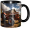 BROLEO Tasses classiques noires en céramique pour cappuccino, latte, céréales, yaourt, lait, boissons chaudes ou froides, four à micro-ondes, motif tracteur rouge