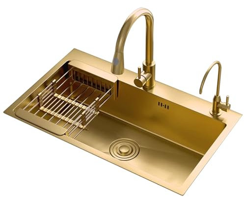 Fregadero De Cocina De Acero Inoxidable Dorado con Cesta De Drenaje Lavaplatos para Cocina, Restaurante De Apartamentos Piscina para Lavavajillas Casera De Un Solo Tazón De Varios Tamaños(Si