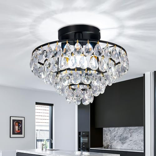 diisunbihuo Moderne Kristall Kronleuchter Schwarz Halbflush Montage E14 Kristall Deckenleuchte für Schlafzimmer Küche Esszimmer Flur Balkon Veranda