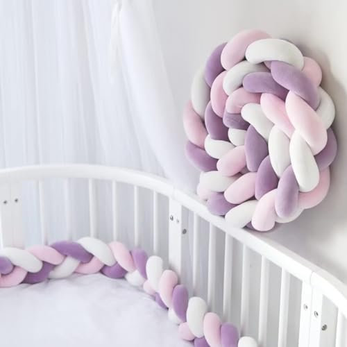 Bettschlange Geflochten, Baby, Babybett Umrandungen, Kantenschutz Bettumrandung Knotenkissen, Seitenschläferkissen, Baumwolle Schlafkissen Kissen,Weiß+Rosa+Violett,150cm