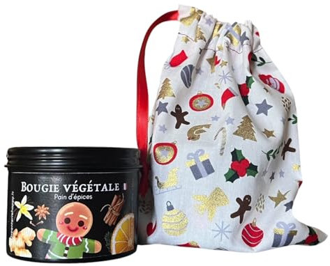 Bougie pain d'épices cadeau de Noël, emballée dans un pochon en tissu Green Terre Happy