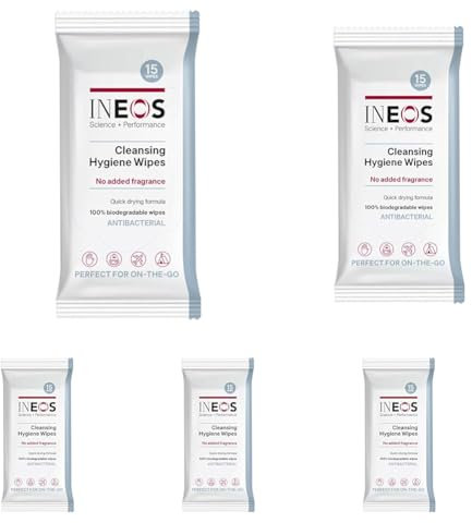 INEOS Cleansing Hygiene Wipes x15, Fragrance Free, Antibacterial, Biodegradable, Perfect For On-The-Go, Packaging May Vary, Packaging May Vary (Pack of 5)