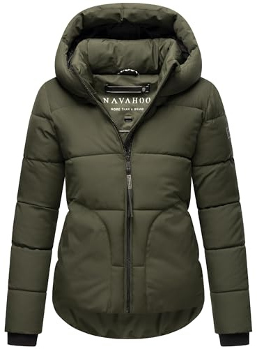 Navahoo Damen Winterjacke warme kurze Steppjacke mit reflektierenden Details, verstellbarer Kapuze und hohem Kragen Lachperle XIV Dark Olive Gr. XL