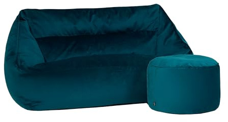 icon Cecilia Velvet Bean Bag Sofa with Pouffe, Teal Green, Floor 2 Seater Sofa, Large Adult Bean Bag with Filling Included, Living Room, Living Room Furniture