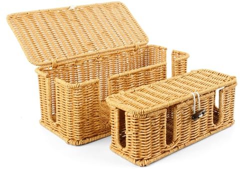 TamBee Cable Management Box 2Pack Imitation Rattan Cord Organizer Hider Box - Large and Medium Size, Cable Cord Organizer Management Box for Desk TV Computer, Khaki