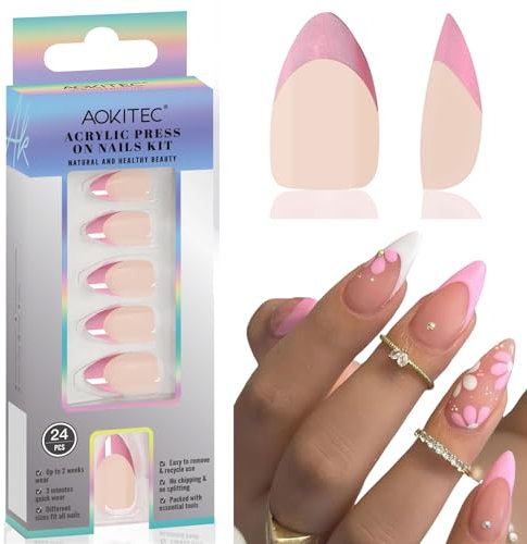 Aokitec Faux Ongles Français Rose - 24 faux ongles courts avec lime à ongles et adhésifs - complète Réutilisable forme amande aspect naturel - Kit manucure facile à poser soi-même (12 tailles)​