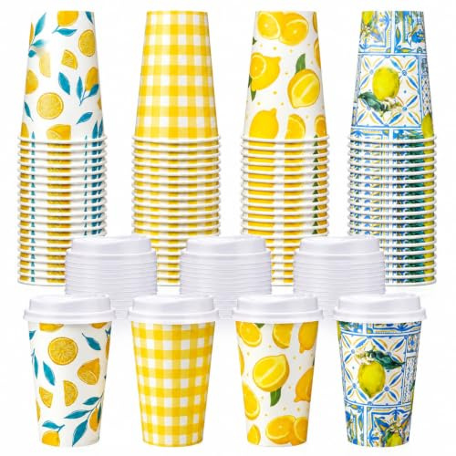 Jingmore 60 Pcs 12 oz Lemon Disposable Coffee Cups with Lids | Yellow Paper Drinking Cup for Hot and Cold Drink for Amalfi Coast, Lemon Party Supply, Birthday Decoration, Summer