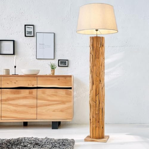 cagü: Unikat Stehlampe SABAH Beige Konisch Lampenschirm aus Teakholz-Treibholz handgefertigt 160cm Höhe