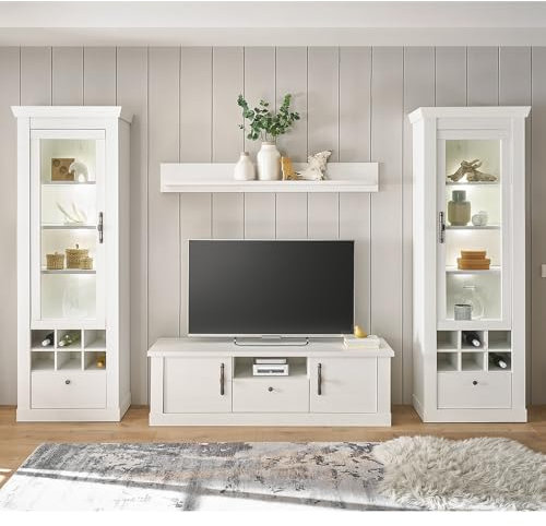 Wohnwand Wohnmöbel Set, Pinie weiß, 4-teilig, Landhaus-Stil, 2 Vitrinen, Wandboard, Lowboard, inkl. LED-Beleuchtung
