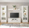 Wohnwand Wohnmöbel Set, Pinie weiß, 4-teilig, Landhaus-Stil, 2 Vitrinen, Wandboard, Lowboard, inkl. LED-Beleuchtung