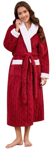 UMIPUBO Femme Peignoir Long Polaire Hiver De Bain Robe Peluche Élégante Robe de Chambre avec Capuche Ceinture Poches Peignoir Doux Moelleux Chic Luxe Douche Peignoirs (Vin Rouge, XL)