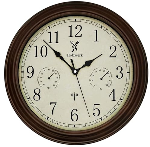 Holzwerk HORNBERG (Funk) Vintage Retro Funkwanduhr Holz Wanduhr Temperaturanzeige & Hygrometer Feuchtigkeitsmesser Thermometer Braun nahezu lautlos Uhrwerk 14 Zoll 35cm (.Braun.Funk)