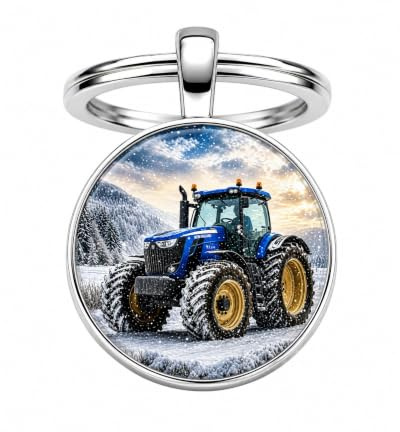 Porte-clés, accessoire cabochon imprimé tracteur bleu.