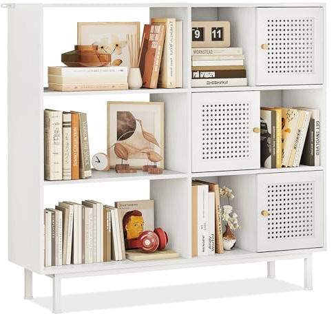 YOSHOOT Rattan-Bücherregal, Sideboard-Schrank mit Metallbeinen, Bücherregal aus Holz mit 3 Türen, 6 offenen Fächern, freistehendes Präsentationsregal für Wohnzimmer, Arbeitszimmer, 102x29x96cm (weiß)