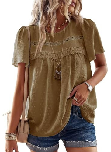 TUUHAW T-Shirt da Donna Pizzo Manica Corta Magliette con Scollo Estive Top | Casual Camicia, Boho Maglie, Pizzo Maglie, Estiva Maglietta, Elegante Blusa, Traspirante Classica, Vintage Affari Tunica